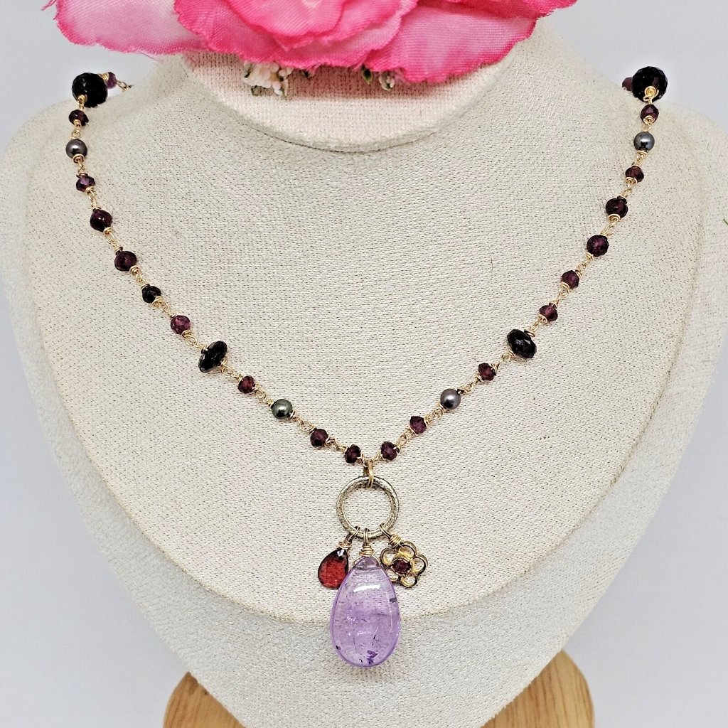Alexis Bittar 925 Silver Vermeil Amethyst Garnet & Gray Pearl Stones Necklace
